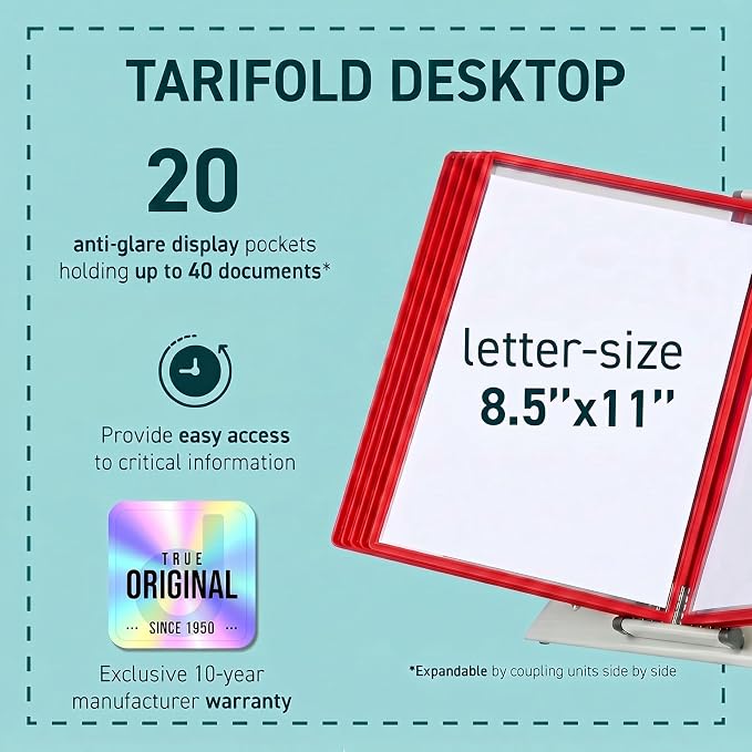 Tarifold Desktop Reference Display System, 20 Pockets, Expandable, Red | 20 Double-Sided PVC Pockets, Holds 40 Letter-Size Sheets, Sturdy Metal Base, Quick-Find Indexing, Quick and Easy to Assemble - Image 2