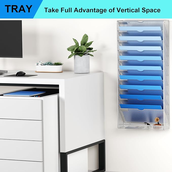 Hanging Wall File Organizer 10 Tier Wall Mounted File Holder Document Wall Organizer Magazine Organization for Office Home, Silver - Image 7