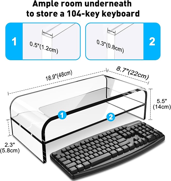AboveTEK 2-Tier Acrylic Monitor Stand, Computer Riser for Home Office, Clear Monitor Riser for Keyboard Storage, 18.9" x 8.7" Multi Monitor Desk Stand for iMac Multi-Media Laptop Printer TV - Image 2