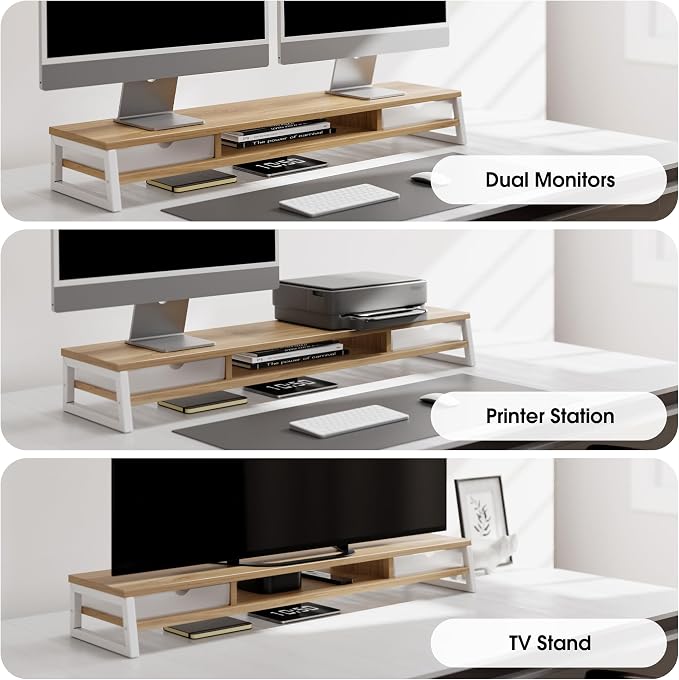 Fenge Dual Monitor Stand Riser, 42.5in Desk Shelf with 2 Drawers, Dark Oak | 2-Tier Monitor Shelf for Desk, Storage Drawer with Stopper, Frosted, fit Home Office, Ultrawide Screen, PC, Laptop, TV - Image 8