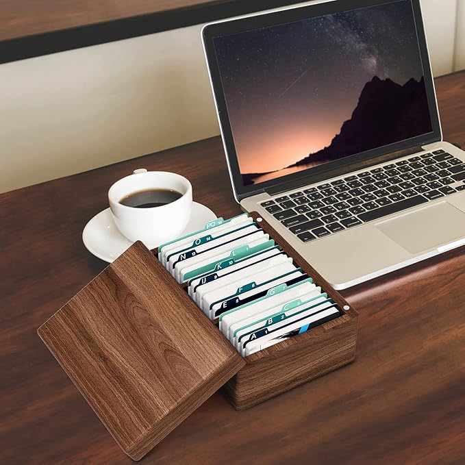 MaxGear Walnut Wood Business Card Organizer for 2.2" x 3.5" Cards | Business Card Holder for Desk, Index Cards Box Holds 300 Cards, Includes A-Z Tabs, Desktop Organizers for Office, Home - Image 6
