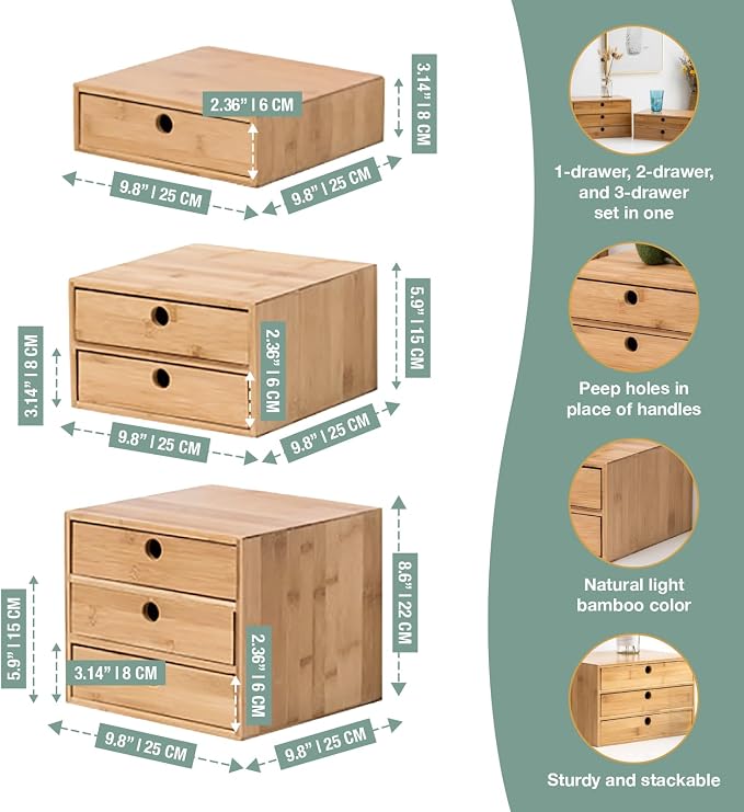 Modular Stackable Set of 3 Bamboo Organizer Desktop Drawers - 1, 2, 3 = 6 Drawers Total Storage Organizer for Desk Accessories, Office Supplies, Makeup Storage - Tabletop Wood Box Stackable Drawers - Image 2