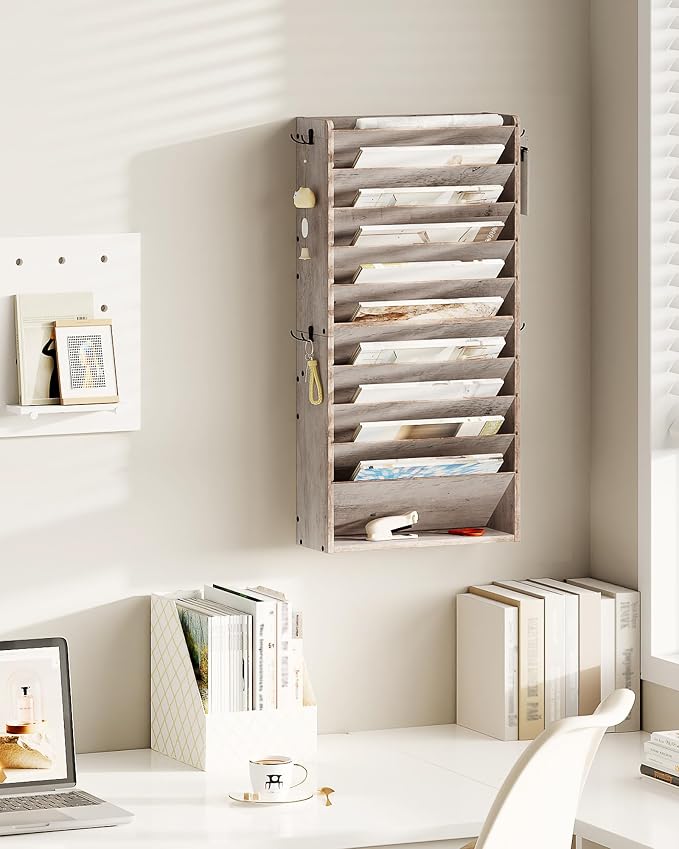 Wall File Organizer, 10-Tier Hanging Mail Organizer, Wall Mount File Holder with 4 Side Hooks, Industrial Mail and Storage Organizer, Wooden Vertical Hanging Holder for Office, Greige MWJ03FH - Image 6