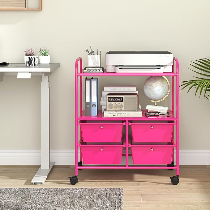 Moccha Rolling Storage Cart with 4 Drawers - Storage Drawers Organizer with wheels for Craft Art Supply Paper Salon, Scrapbook Paper Tools, Movable Utility Cart for Classroom School Studio, Hot Pink - Image 2