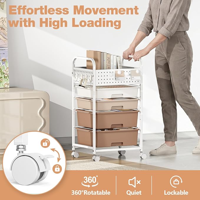 4 Drawer Rolling Storage Cart with Pegboard Top and Hooks, Brown | Mobile Organizer Cart with Wheels for Office Supplies, Craft Storage, Classroom Organization, Home Utility Cart - Image 5