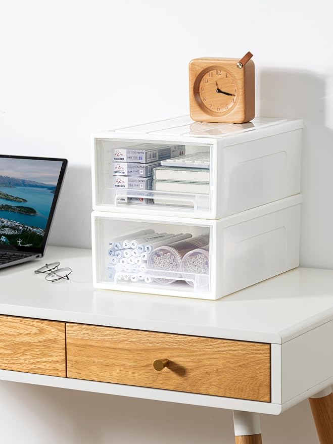 Cetomo 14L*3 Plastic Storage Drawers Unit, Office Desk Organizers, Drawer Organizer, Storage Box, Stackable Tower for Desktop, Bedroom, Dorm, Cosmetics, Durable PP, BPA Free, White & Clear, 14L-3 Pack - Image 5