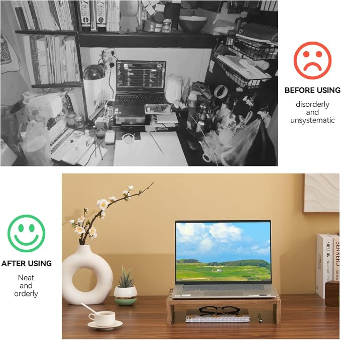 KIRIGEN Wood Monitor Stand Riser for Desk, 15.39 Inch, Brown 39-DBR | Solid Wood Desktop Shelf with Storage Space for Home Office Monitor, Printer, Computer Fully Assembled - Image 3