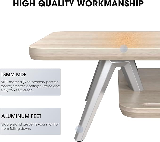 Fenge Dual Monitor Stand Riser, Wooden Desk Shelf with 2-Tier Storage | 47.2-Inch Extra Wide, Sturdy Aluminum Legs, Built-In Phone & Tablet Slot, Desktop Organizer for Office Accessories - Image 4