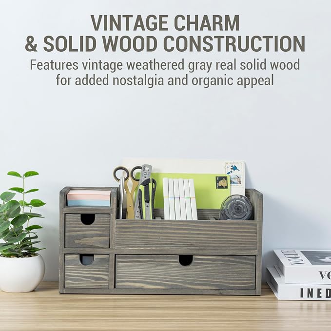 MyGift Vintage Weathered Gray Wooden Desktop Organizer with 3 Drawers, Mail Holder, and Stationery Caddy – Office Desk Storage for Supplies, Paper, Pens, and Letters - Image 2