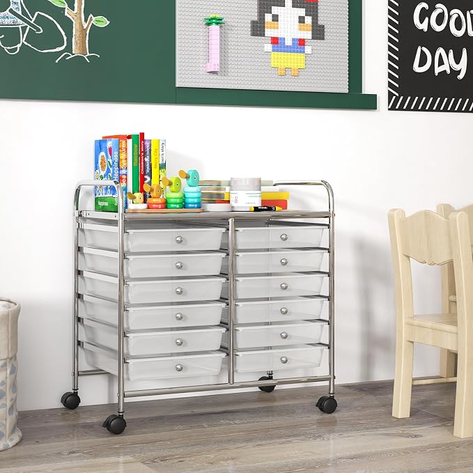 GOFLAME 12-Drawer Rolling Storage Cart, Multifunctional Art Craft Organizer Cart, Mobile Utility Storage Cart with Removable Drawers & Lockable Wheels, Craft Cart for Home Office School, Clear - Image 2