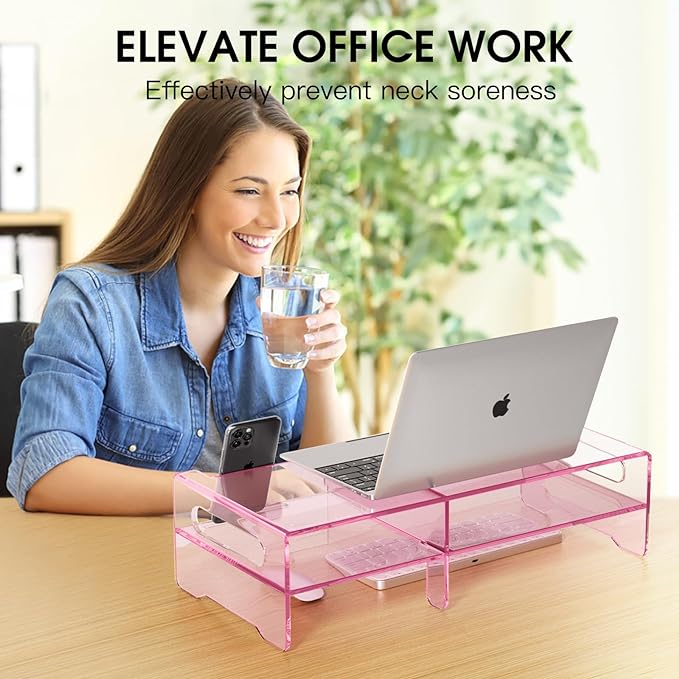 Pink Acrylic Monitor Riser, 2-Tier Desk Computer Stand With Storage & Phone Holder | Clear Computer Monitor Stand for Desk,Handheld Function Easy Mobility,16 in Wide for Laptop, Printer,Screen,Desktop Organizer - Image 4