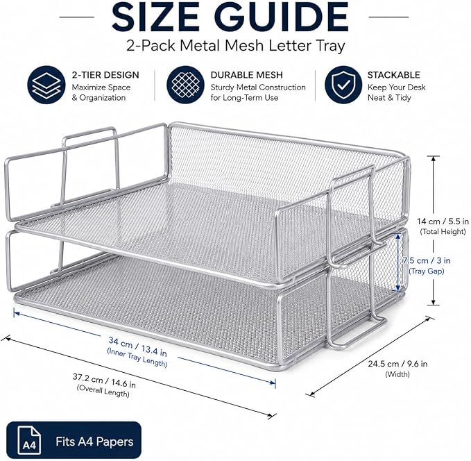 EXERZ Letter Trays 2pcs Stackable Paper Sorter/Desk File Tray/Desk Organizer - Metal Rack - Office, School, Home(Silver Grey Colour) | Two Tier Metal Mesh Stackable Saves Desk Space Holds A4 Papers Folders Notebooks Magazines For Office Home School - Image 2