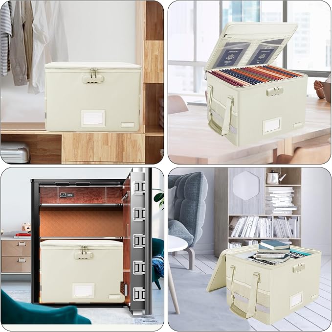 ENGPOW File Box with Lock,Fireproof Document Box with Zipper Lid,Collapsible File Storage Organizer Filing Cabinet with Handles,Portable Home Office Safe for Hanging Letter/Legal Folders,Beige,2 Pack - Image 2