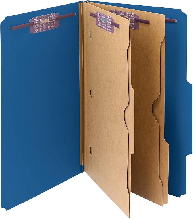Smead Pressboard Classification File Folder with SafeSHIELD Fasteners, 2 Pocket Dividers, 2" Expansion, Legal Size, Dark Blue, 10 per Box (19077) by SMEAD