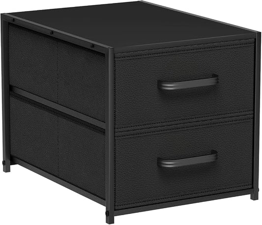Stackable Storage Drawers - 2 Tier Closet Organizer with Metal Frame and Handles, Fabric Dresser with Collapsible Bins for Bedroom, Dorm, Office, Black, 1 Pack by Homsorout