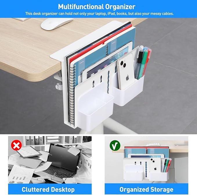 MAXECHO Desk Side Storage, Under Desk Laptop Mount, Table Side Hanging File Organizer, No Drill Clamp On Cable Management Tray, Laptop Holder with Magnetic Pen Holder for Office and Home, Load 22 Lbs - Image 3