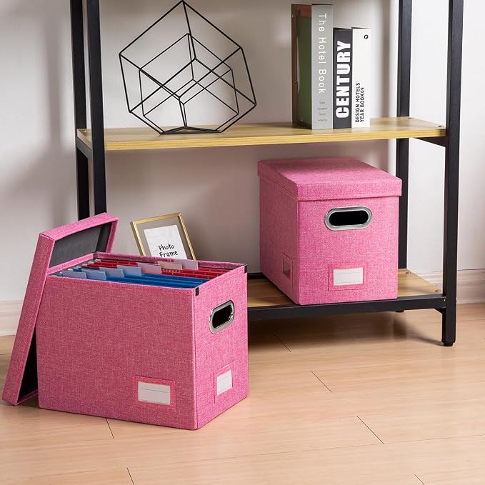 File Organizer Box - Set of 2 Collapsible Decorative Linen Filing Storage Hanging File Folders with Lids Office Cabinet Letter Size Pink (14x9.3x10.8 inch) - Image 3