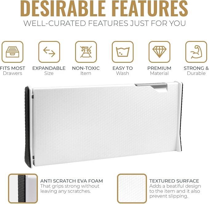 RAPTUROUS Adjustable Deep Drawer Divider – 6" Tall, Expandable 13-22", 8-Pack, Non-Slip Drawer Dividers for Clothes, Dresser, Kitchen & Office Organization (White) - Image 3