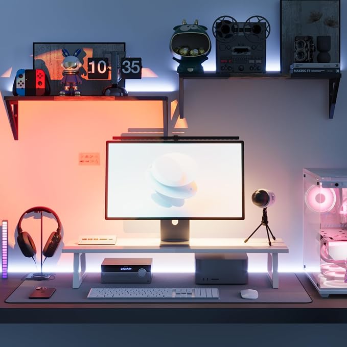 TEAMIX White Dual Monitor Stand Riser, 31.5 inch Long Stand, Desk Organizer | For Computer, Laptop, PC, Printer, Wood & Steel TV Stand, Holds 150lbs, Keyboard & PS5 Storage, For Home Office & Gaming - Image 6