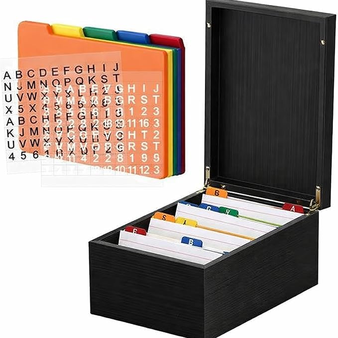 4 x 6 Inch Index Card Holder Set, Bamboo Organizer Box with 50 Dividers & 2 Sheets Alphabet Number Stickers File Note Holders, Holds 1200 Cards for Office Business Home Kitchen, Black by Henoyso