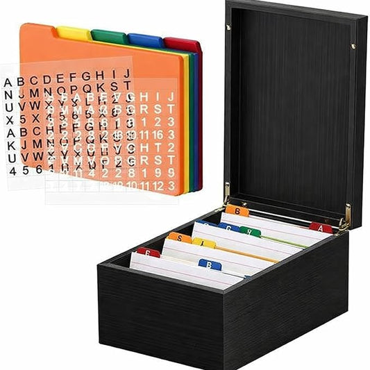 4 x 6 Inch Index Card Holder Set, Bamboo Organizer Box with 50 Dividers & 2 Sheets Alphabet Number Stickers File Note Holders, Holds 1200 Cards for Office Business Home Kitchen, Black by Henoyso