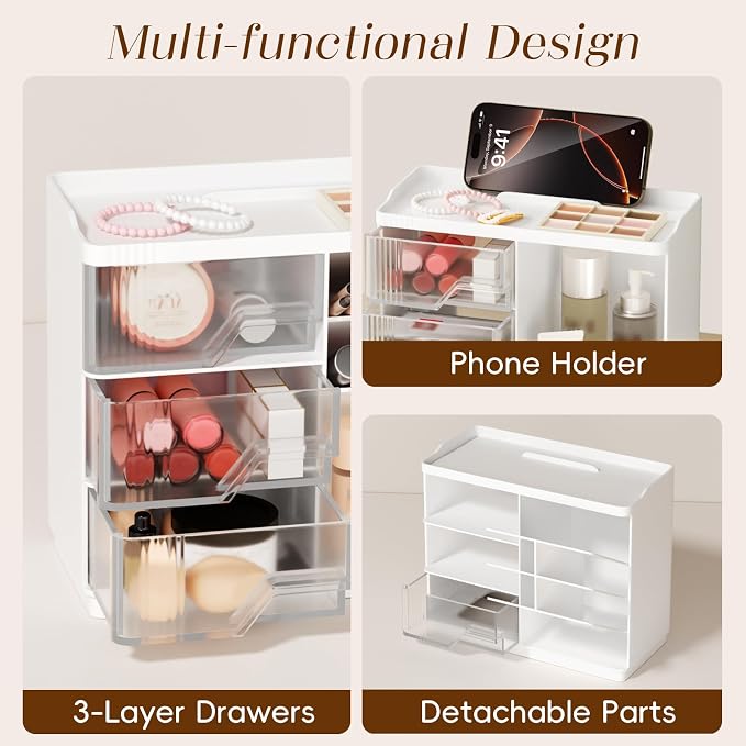 Small Makeup Organizer with Drawers, Stackable Bathroom Couneter Organizer with Phone Holder, Versatile Vanity Organizer Countertop, Cosmetic Organizer for Makeup Brush, Skin Care, Lotion -White,2Pack - Image 5