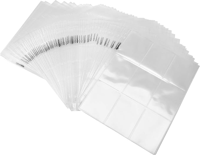 Amazon Basics 9-Sleeve Trading Card Protectors Binder Sheet for Storage and Protection, Top Loading, Transparent, 100-Pack - Image 3