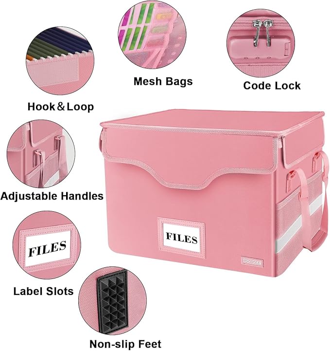 DocSafe Fireproof Document Box with Lock,File Storage Organizer with Zipper Pockets,Collapsible Portable File Box Home Office Safe Filing Cabinet with Handle for Hanging Letter/Legal Folder,Pink - Image 6