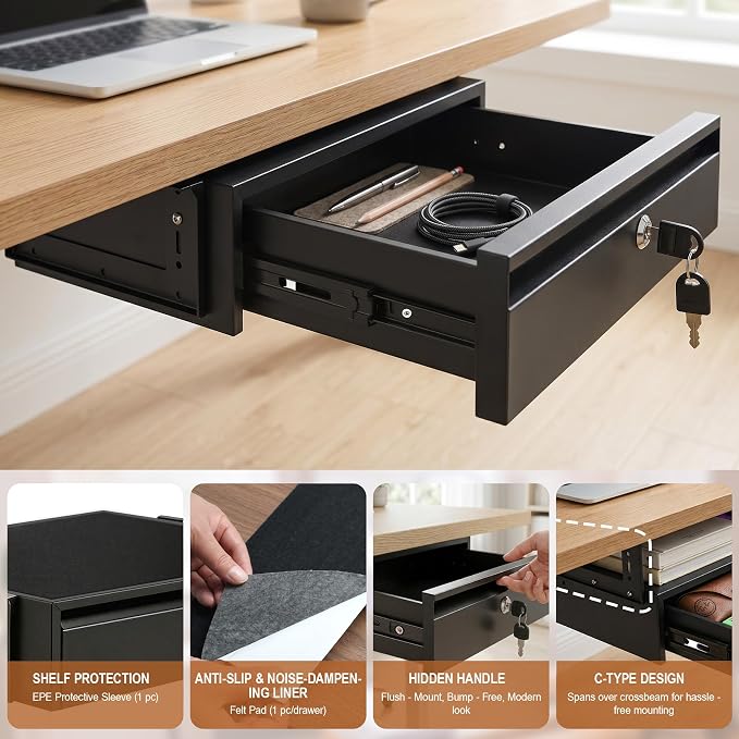 POPMOON 16in Under Desk Drawer with Lock Pull Out Storage Organizer | Carbon steel under desk drawer with lock,smooth slide rails, adjustable mounting height, supports up to 33 lb - Image 3