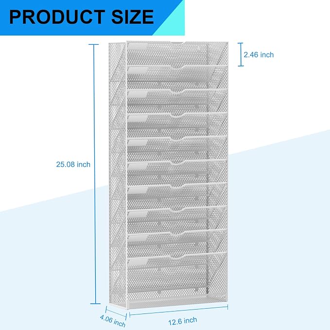 Hanging Wall File Organizer 10 Tier Wall Mounted File Holder Document Wall Organizer Magazine Organization for Office Home, Silver - Image 3