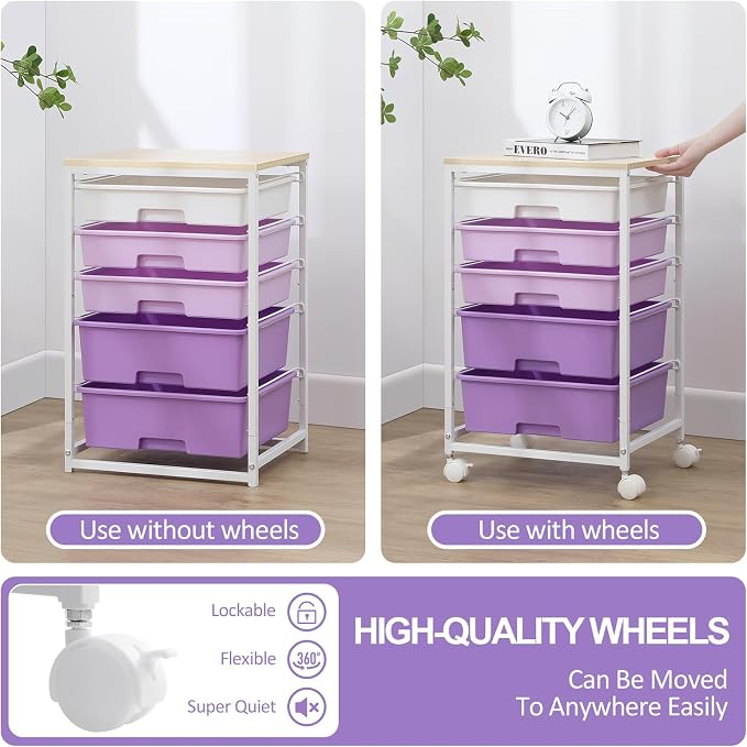 SYKIARIOL Utility Cart with 5 Drawers with Wooden Top,Purple | 5-Tiers Storage Cart with Drawers with Lockable Wheels for Craft Organizers and Storage,Home Office,Classroom,Dorm ,Playroom - Image 7