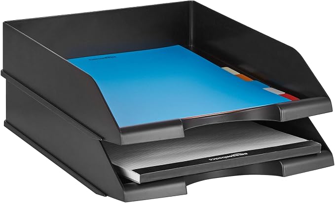 Amazon Basics Rectangular Stackable Desk Organizer Office Letter Tray, File Storage, Paper Organizer, Black, 2-Pack - Image 2
