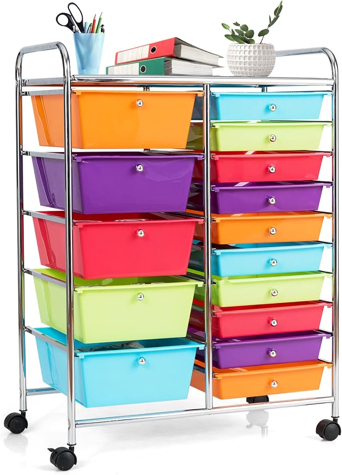 COSTWAY 15 Drawer Rolling Storage Cart, Mobile Storage Organizer | Removable Drawers & Metal Frame, Multipurpose Utility Tools Paper Organizer on Wheels for Home, Office (Multi-color) by COSTWAY