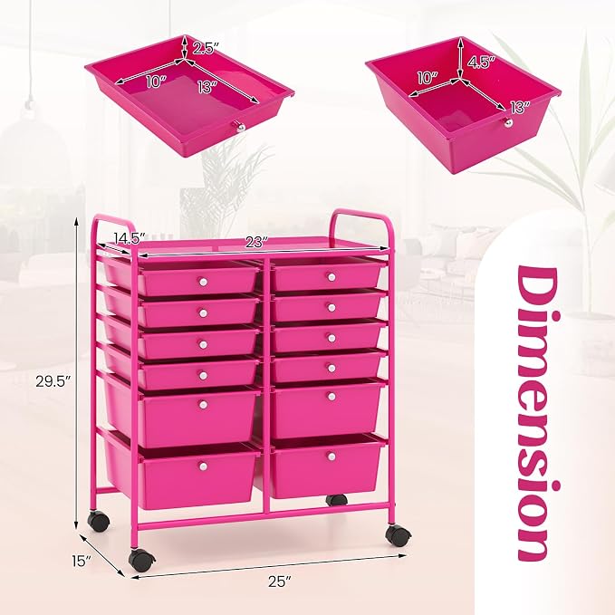 Moccha 12-Drawer Rolling Storage Cart - Utility Cart on Wheels with Lockable Casters for Craft Art Supply Paper Salon, Mobile Drawer Carts for Classroom Teacher School Office (Hot Pink) - Image 3
