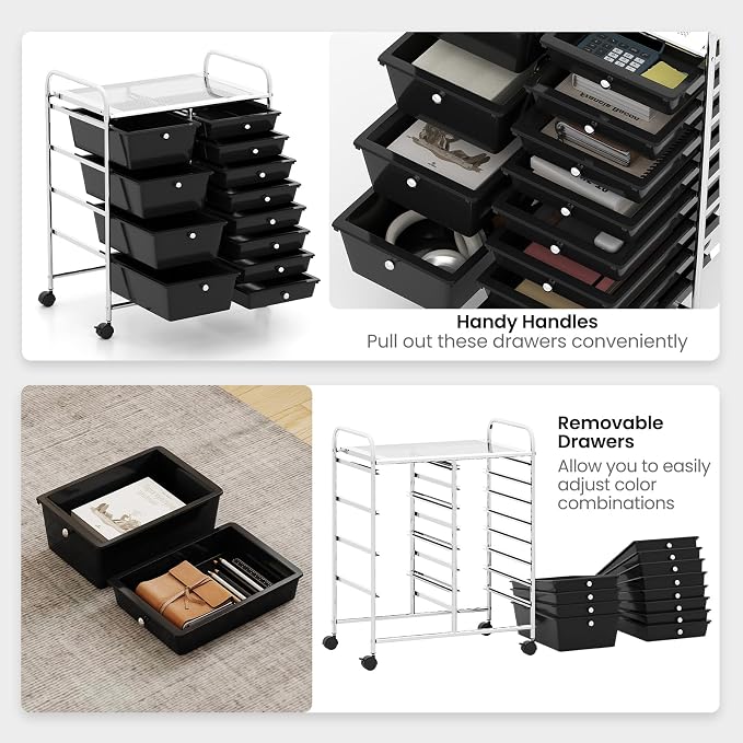 Giantex 12 Drawer Rolling Cart with Drawers, Storage Organizer Cart for Classroom Office School Teacher, Mobile Drawer Cart for Tools, Crafts, Small Printer, Black - Image 5
