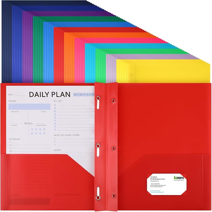 Cholemy 72 Packs Pocket Folders with Prongs Heavy Duty Plastic Folder with Business Card Slot 3 Prong Fasteners for School Office (Bright) by Cholemy