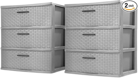 Sterilite 2 Pack 3 Drawer Wide Storage Tower, Weave Organizer, Cement | Lightweight Opaque Home Organization Container for Bedrooms, Closets, or Bathrooms by Sterilite