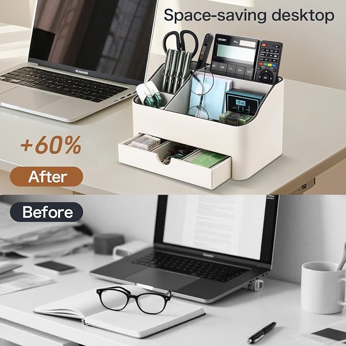 PU Leather Desk Organizer with Drawer, 5 Compartments Desktop Storage Caddy for Office Home Supplies, Pen Holder for Remote Control, Phone & Accessories, Mail Organizer Countertop Ivory White - Image 9