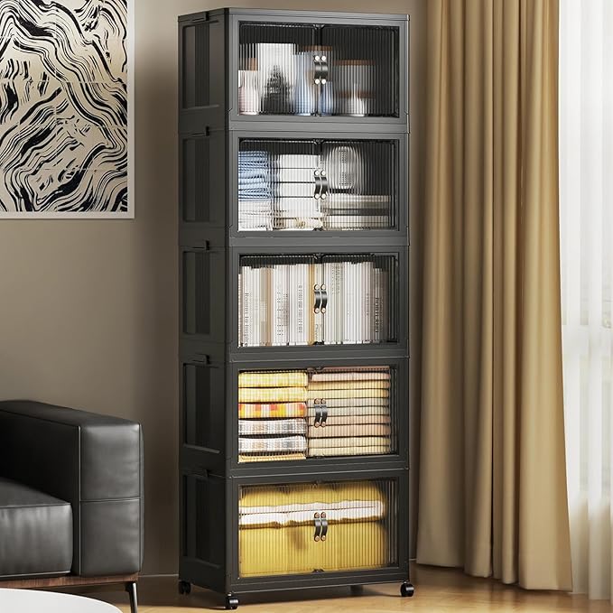 SAILUN 175Qt Stackable Storage Bins,Storage Cabinet with a Lid,5 Pack Black | Stackable Storage Drawers with Lids,18" W x 11" D x 51" H,Featuring open-front Access for Clothes and Closet Storage by SAILUN