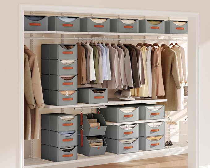 Stackable Storage Drawers - Collapsible Storage Bins with Drawers, 4 Pack Closet Shelf Organizer Basket, Fabric Pull Out Organizer for Bedroom, Living Room, Dorm, Grey - Image 2