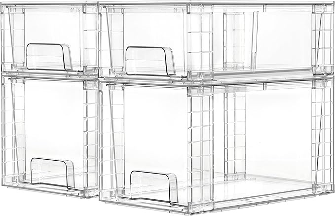 Vtopmart Clear Stackable Storage Drawers, 4 Pack Kitchen Cabinet Set | Medium and Small Pull-Out PET Drawers with Stackable Design for Kitchen Cabinets, Pantry, Under Sink, Medicine by Vtopmart