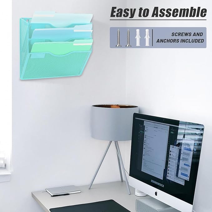 3 Pocket Mesh Hanging Wall File Organizer, Wall Mounted Mail Paper Document Folder Holder, Clipboard Storage Organization Magazine Rack with Nametag Label for Office Home School, Blue - Image 6