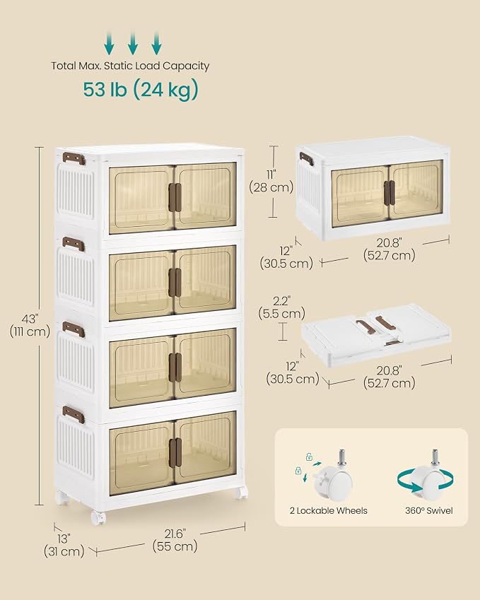SONGMICS 48QT Plastic Storage Bins with 1 Lid, 4-Tier Stackable Bins with Doors and Wheels, Foldable Storage Boxes, for Closets, Bedroom, Living Room, Office, White URLB450WZ01 - Image 6