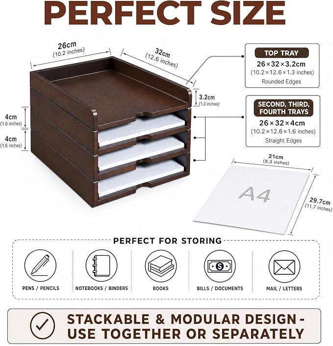 Solid Wood Stackable Letter Tray, 4-Tier Desk File Organizer for A4 Paper | letter tray for files, mail, bills & documents. walnut finish desktop organizer for home office workspace declutter. - Image 3