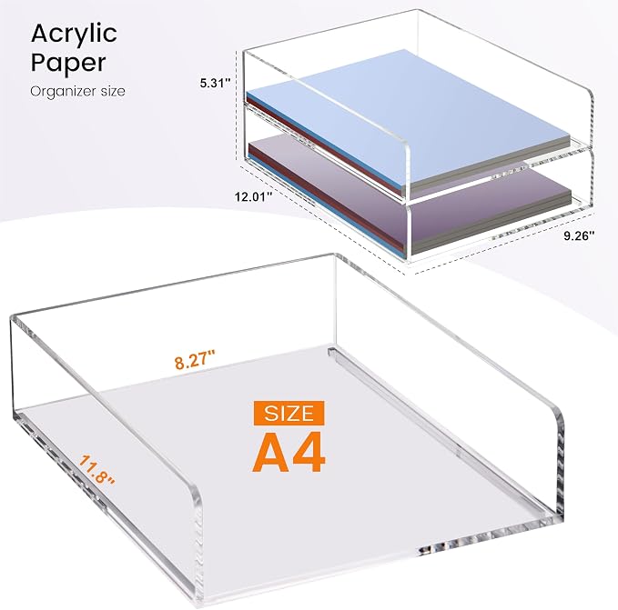 HeZone Paper Organizer Letter Tray,Acrylic Desk Organizer,Clear File Organizer for Desk,Stackable Paper Tray for Documents,A4 File Paper,Book,Bills, Crafts,Notes for Office/Classroom/Home Organization - Image 2