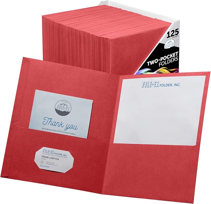 FILE-EZ Two-Pocket Folders, Red, 125-Pack, Textured Paper, Letter Size (EZ-32458) by FILE-EZ