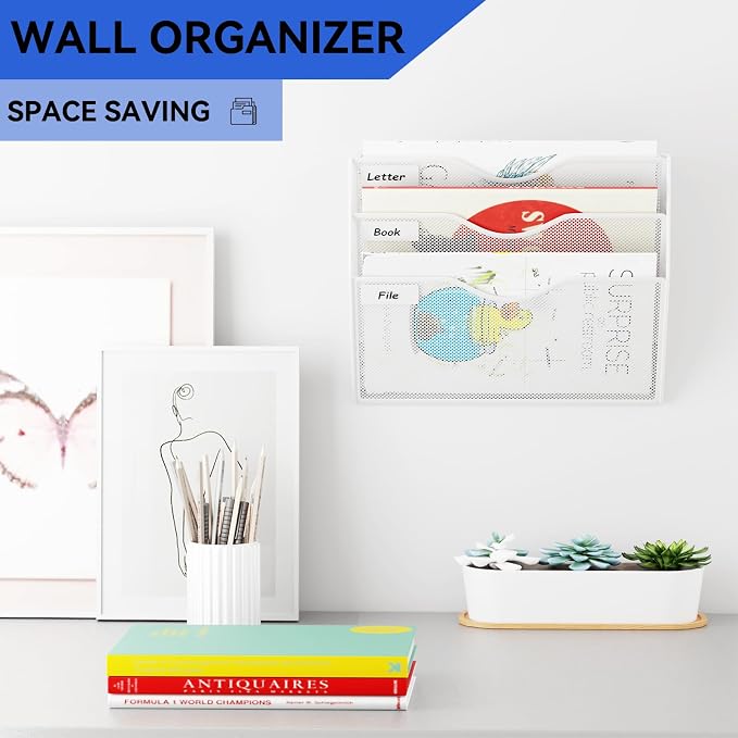 3 Pockets Hanging Wall File Organizer Mail Holder, Wall Mounted Paper Document Folder Holder, Clipboard Storage Organization Magazine Rack, White - Image 2