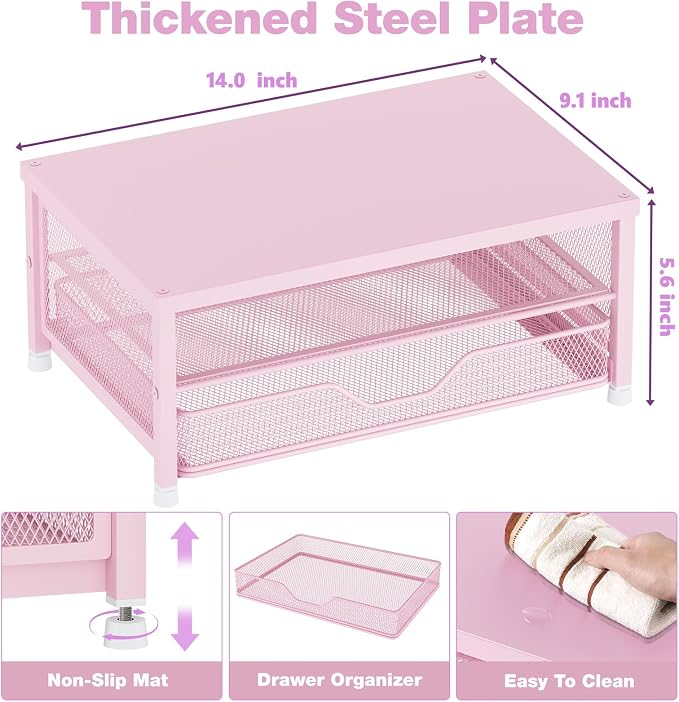 Computer Monitor Stand Riser, Desk Organizer with Drawer, Printer & Laptop Stand, Office Desk Accessories & Workspace Desktop Organizers Storage for Office Supplies(Pink) - Image 2