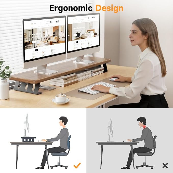 Dual Monitor Stand Riser, 39 Inch Large Wood Monitor Stands for 2 Monitors | Desk Monitor Riser for Computer/Laptop/Printer/TV, Stand Riser up to 220 lbs - Image 5