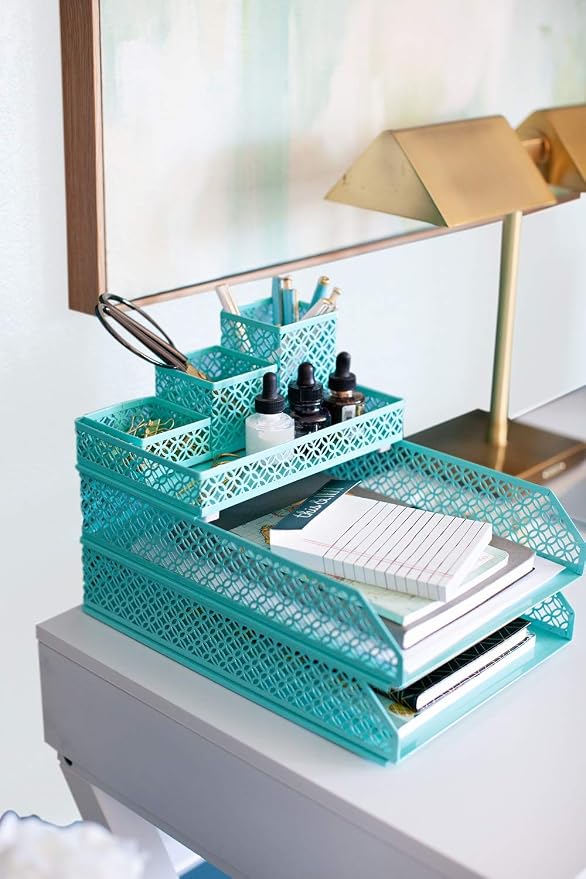 BLU MONACO | Aqua Desk Organizer Set for Women 6 Piece | Mail Sorter Organizer Countertop with Letter Sorter for Desk | Standing File Organizer with Mesh Pen Holders - Image 4